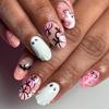 30-Piece Short Oval Nails: 3D Pink Ghost & Spider Web Halloween Art