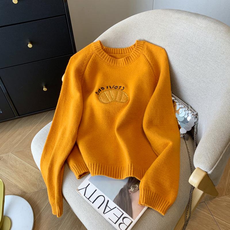 New Arrival: Cozy Orange Embroidered Pullover Sweater - Women's Autumn Winter Knit Top