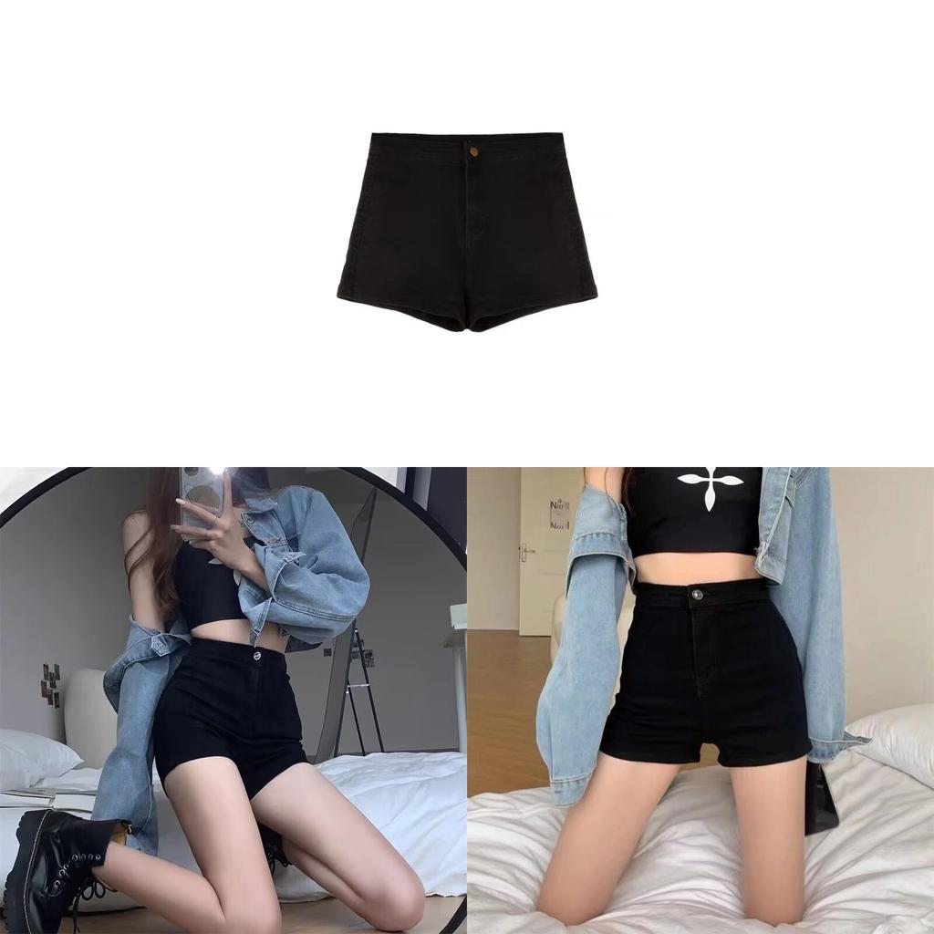Black Denim High Waist Shorts With Button Detail For Summer Casual Women