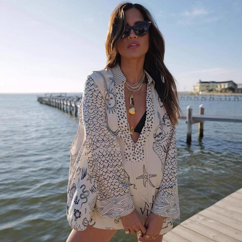 2025 Spring European Women's Casual Two-Piece Set: Loose Printed Shirt & Shorts