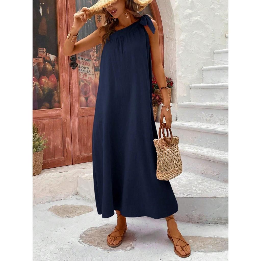 2026 Summer New Fashion Women Solid Color One-Shoulder Long Dress Casual Elegant Diagonal Collar Sleeveless Straight Dresses