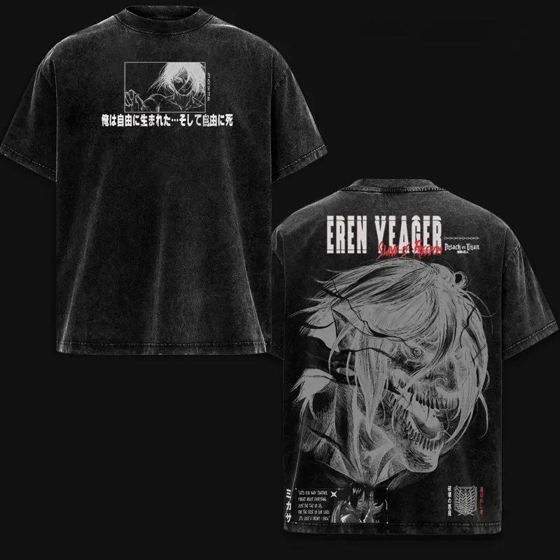 Hot Anime Attack on Titan Eren Jaeger Graphic Tee Men Clothing Washed Cotton Tshirt Casual T-shirt Harajuku Male Vintage T Shirt