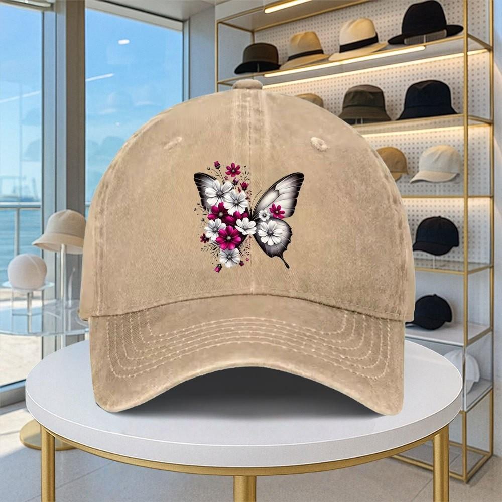 Butterfly Floral Baseball Cap Washed Denim Adjustable Print Vintage Casual Duckbill Hat Unisex