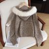 Women's Loose Fit Hooded Wool Blend Sweater with Large Faux Fur Collar