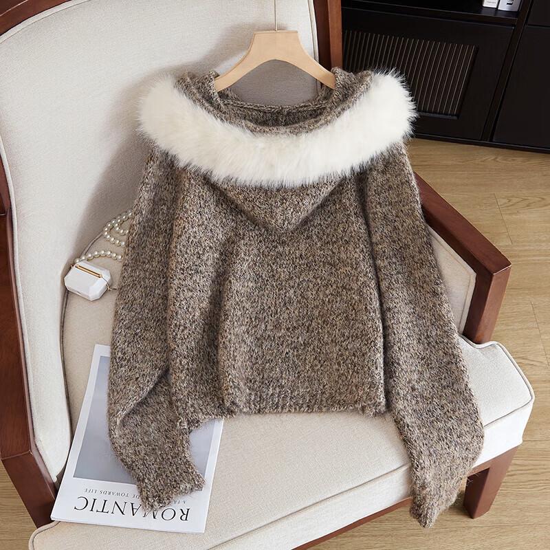 Women's Loose Fit Hooded Wool Blend Sweater with Large Faux Fur Collar