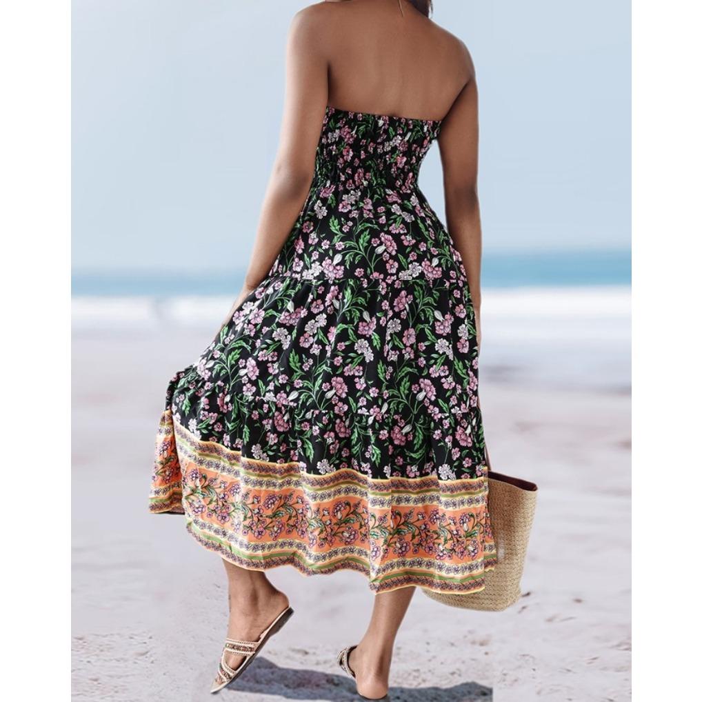 Womens Summer Boho Skirts Casual Maxi Flowy Elastic High Waist A-Line Tiered Swing Floral Long Skirts with Pockets