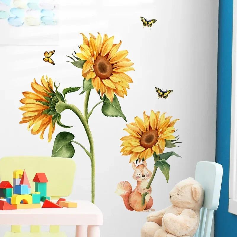 Sunflower Yellow Butterflies Self-Adhesive Wall Stickers Home Decoration Wall Decor Home Accessories Wallpaper LS