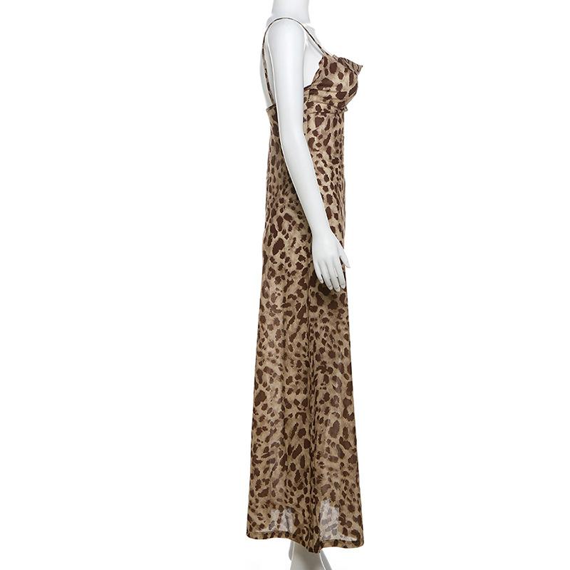 Leopard Print Sling Maxi Dress For Women Summer Elegant Backless Sleeveless Slip Long Dress Female Sexy Party Vestidos