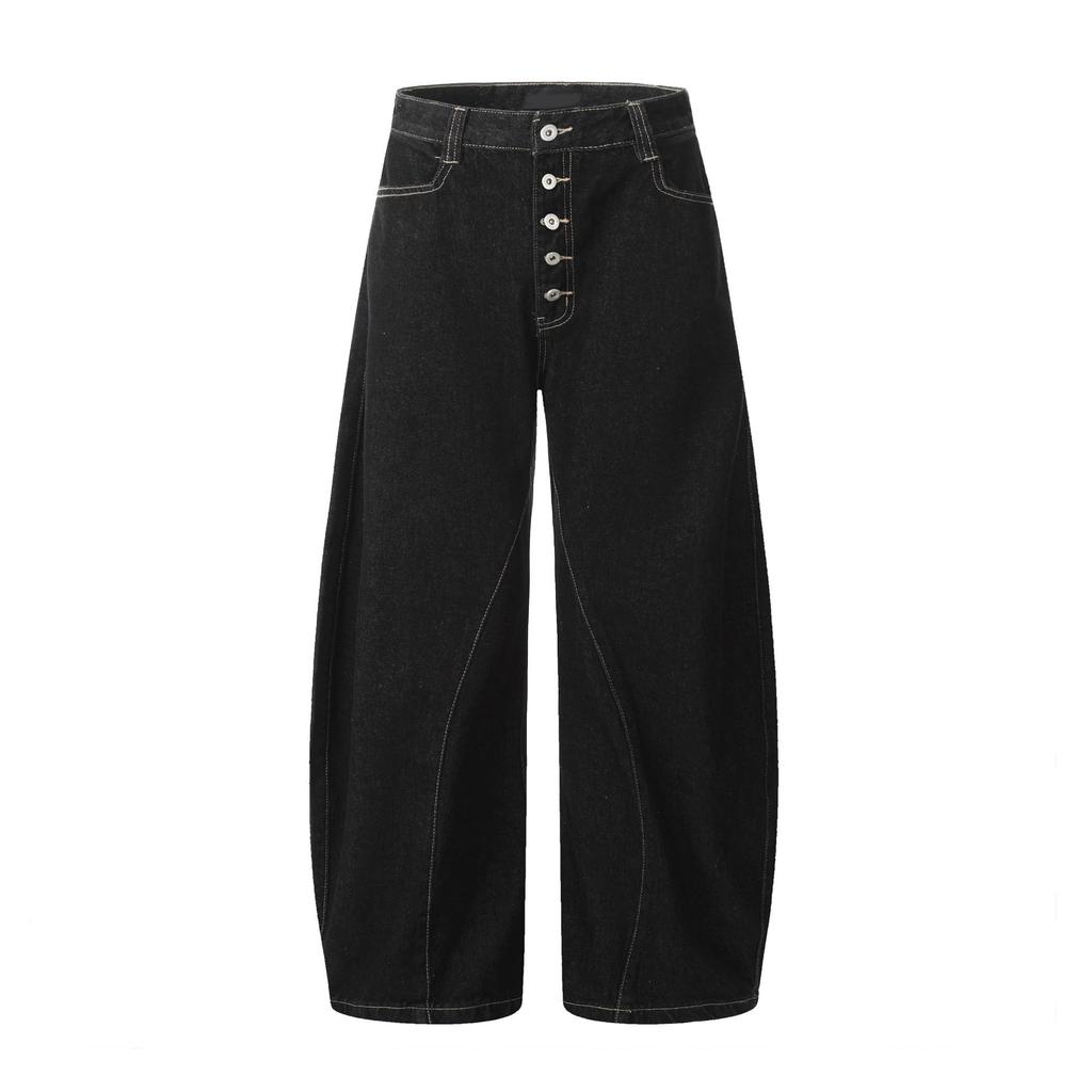 Unisex American Retro Slimming Washed Denim Straight-Leg Jeans with Row Button Design