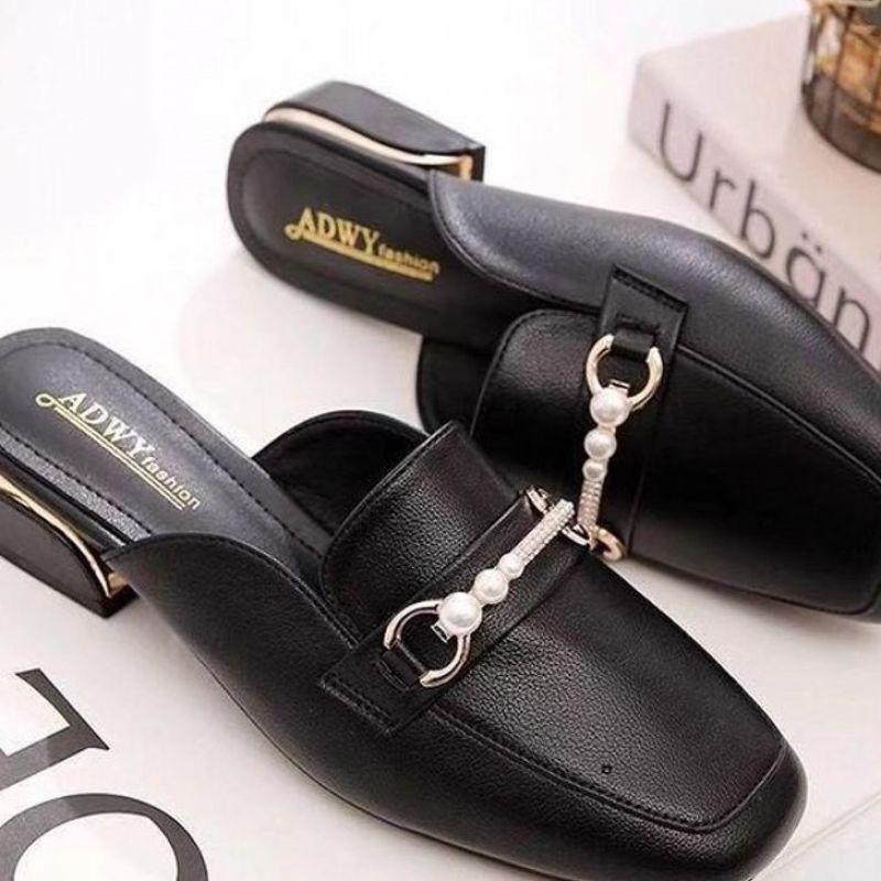 Soft Leather Bag Head Half Slippers Women's Spring and Autumn Sandals Thick Heel Outer Wear Fashion Muller Square Head Single Shoes Work Shoes
