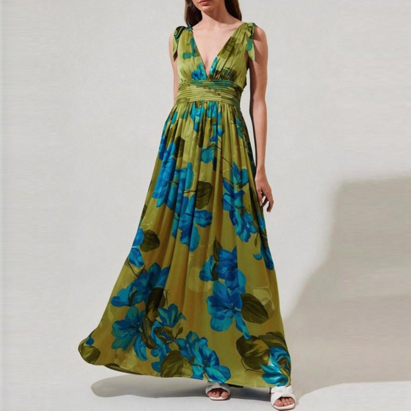 Boho Floral Print Deep V-Neck Wrap Maxi Dress Women 2026 High Waist Sleeveless Flowy Beach Vacation