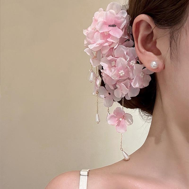 Elegant Pearl Tassel Hair Clip with Fabric Flower - Exquisite New Year Headdress for Women
