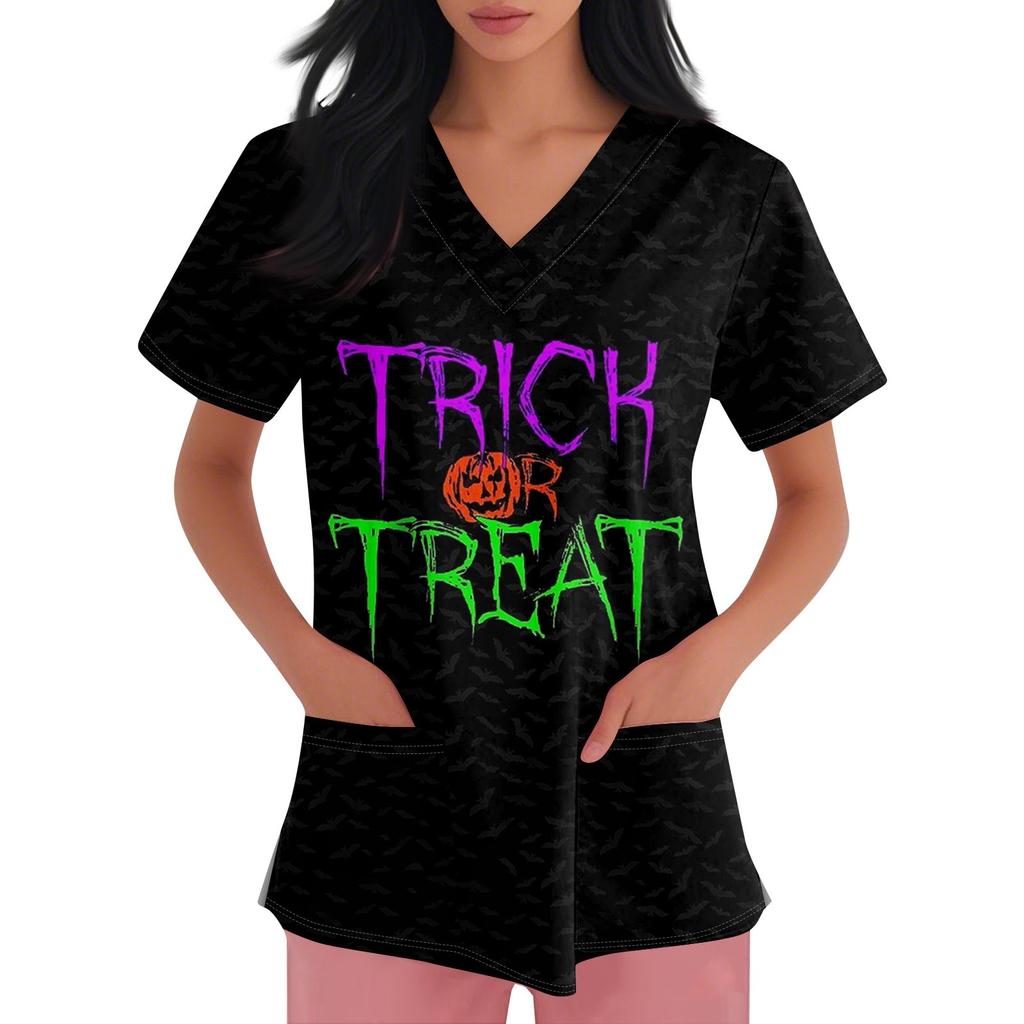 Women's V-neck Halloween Printed Short-sleeved Pocket Side-slit Protective Suit Top
