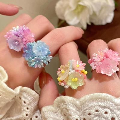 Colorful Beaded Flower Rings For Women Girls Korean  Sweet Large Flower Finger Rings Jewelry Aesthetic Y2K Accessories