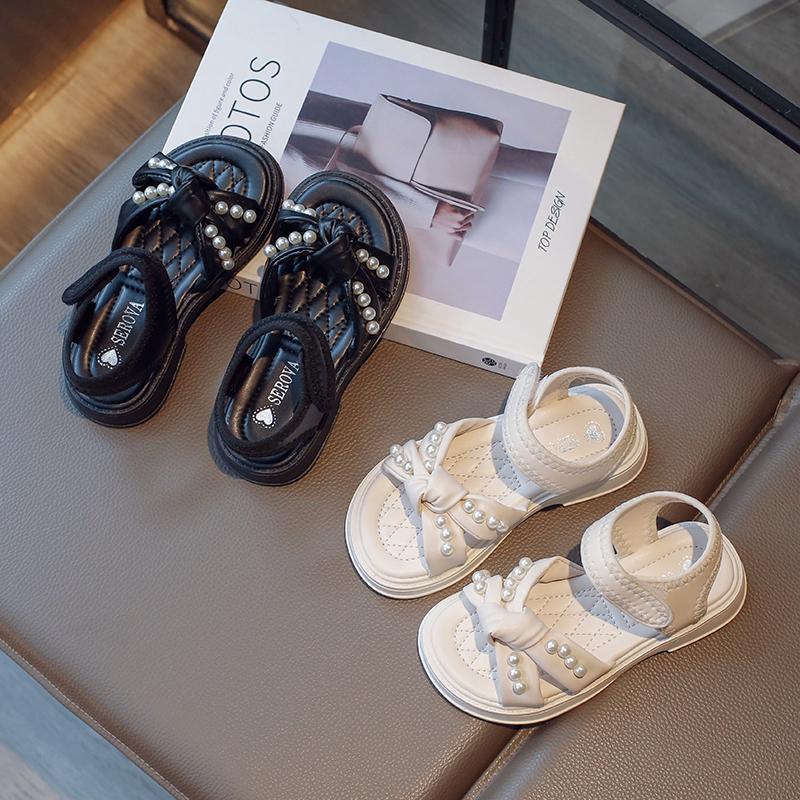 Girls Beach Shoes Soft Sole Non-slip Kids Princess Shoes Sweet Pearls 2025 Summer Children Sandals Soild Color Versatile Trendy