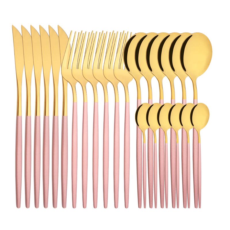 6People Luxury Gold Dinnerware Set Stainless Steel Tableware Set Knife Fork Spoon Flatware Cutlery Set Silverware Bright Light