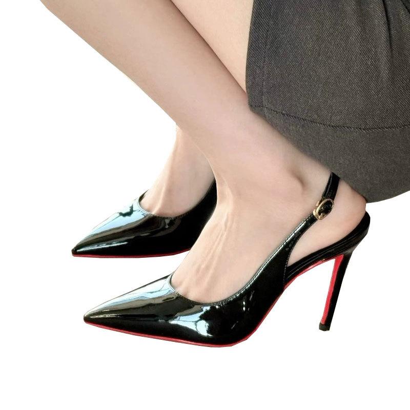 New Red Background, Black Patent Leather Pointed Tip Thin Heel Royal Sister Sexy High Heels Femininity Bag Head Sandals