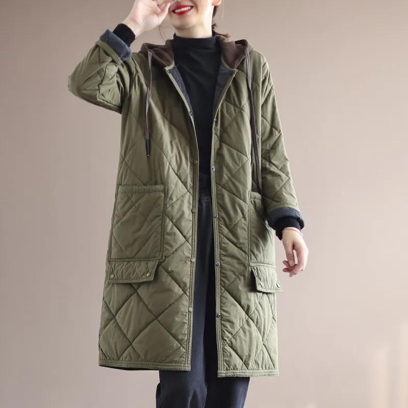 Diamond-shaped Plaid Cotton Hooded Coat Loose Casual Mid-length Cotton Jacket Warm and Windproof All-match Women's Cotton Jacket