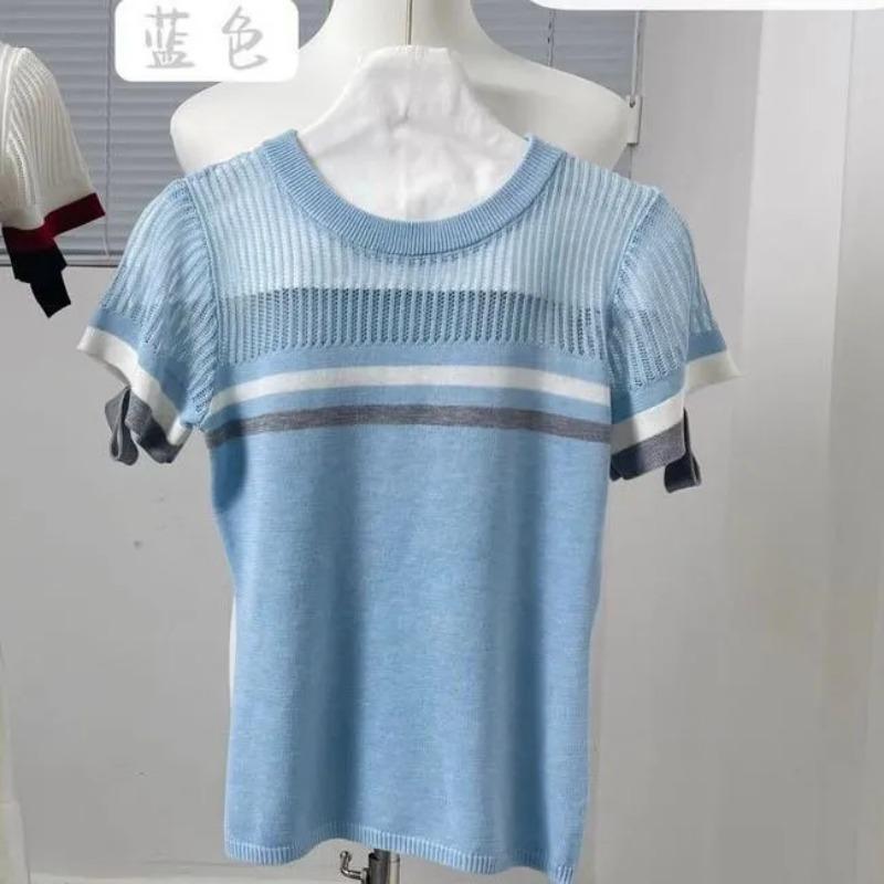 Женский летний полосатый вязаный топ-футболка с вырезами, короткий рукав S