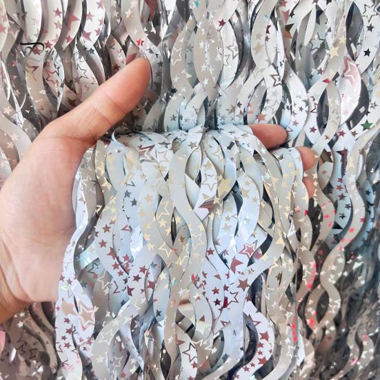 3Pcs Wavy Tinsel Foil Fringe Rain Curtain Star Print Wave Shape Rain Curtain Photo Booth Props Mermaid Birthday Party Decorations