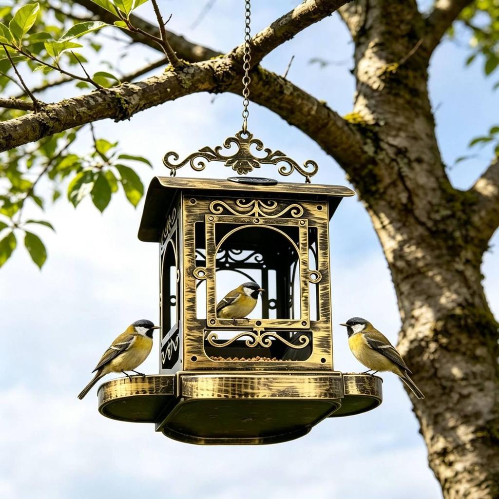 Vogelvoederhuisje met Zonne-energie Lamp Antiek Brons Schaal LantaarnStijl voor Tuiniers,