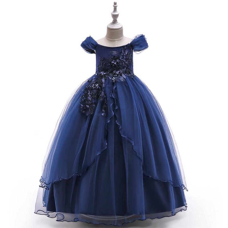 Girls Long Princess Dress Off Shoulder Applique Tulle Formal Gown Kids Pageant Wedding Party