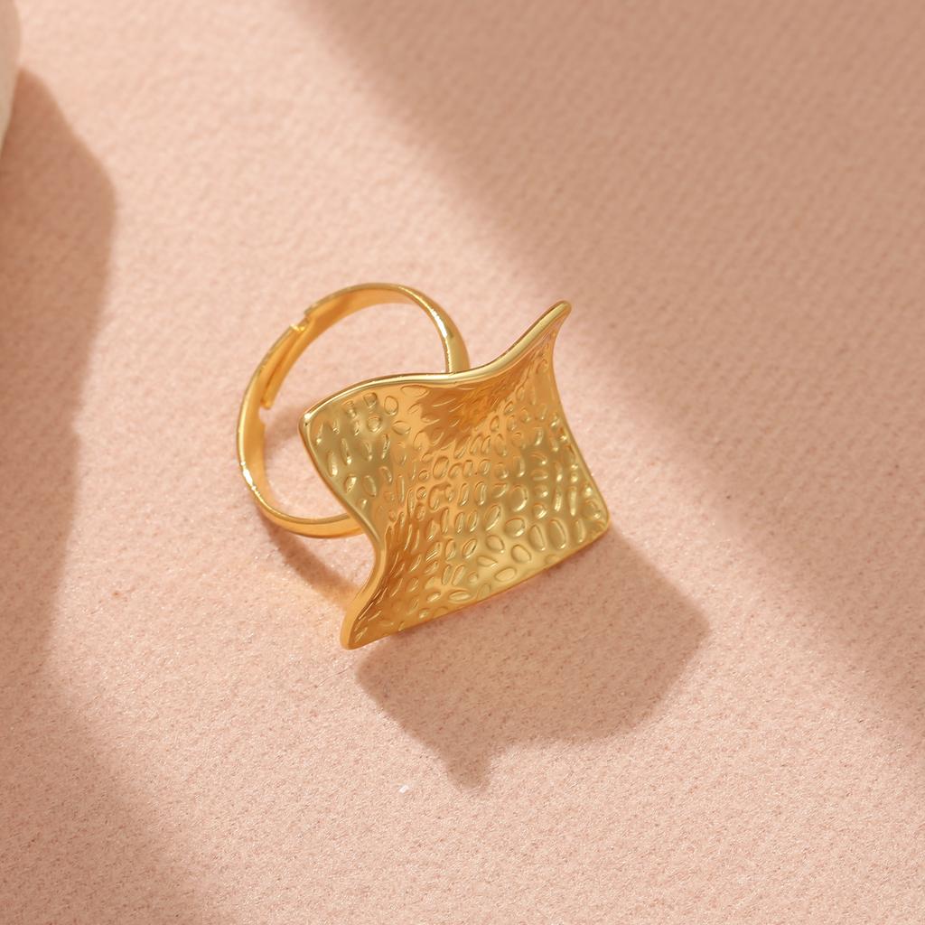 Golden Plated Hammered Square Open Adjustable Ring for Women Minimalist Statement Jewelry Gift
