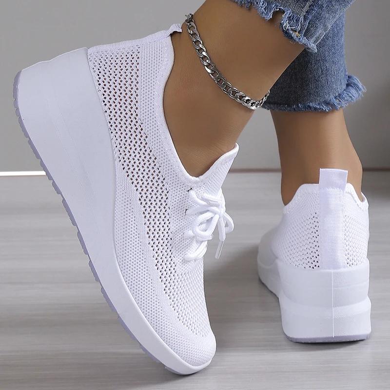 Spring Breathable Wedge Sneakers Women Mesh Knitted Platform Sports Shoes Woman Casual Non-Slip Lace Up Tennis Shoes Ladies