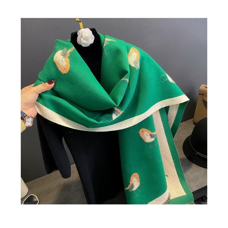 Women S High Grade Thick Warm Faux Cashmere Scarf Green Bird Pattern Air Conditioning Shawl Long Neck Wrap