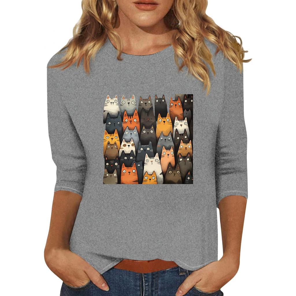 Women's Fashion Casual Three-quarter Sleeve Cat Print Round Neck Pullover Top