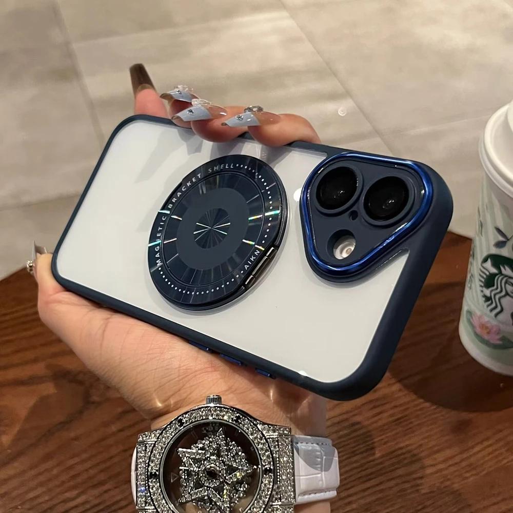 Luxury Magnetic 360 Rotate Bracket Phone Case for iPhone 16 15 14 13 Pro Max Transparent Acrylic TPU Cover