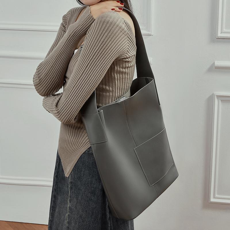 HIFASHION Cowhide Genuine Leather Bucket Tote Bags For Women 2026 Large Capacity Office Work Handbags Simple Shopping Hobo Purse