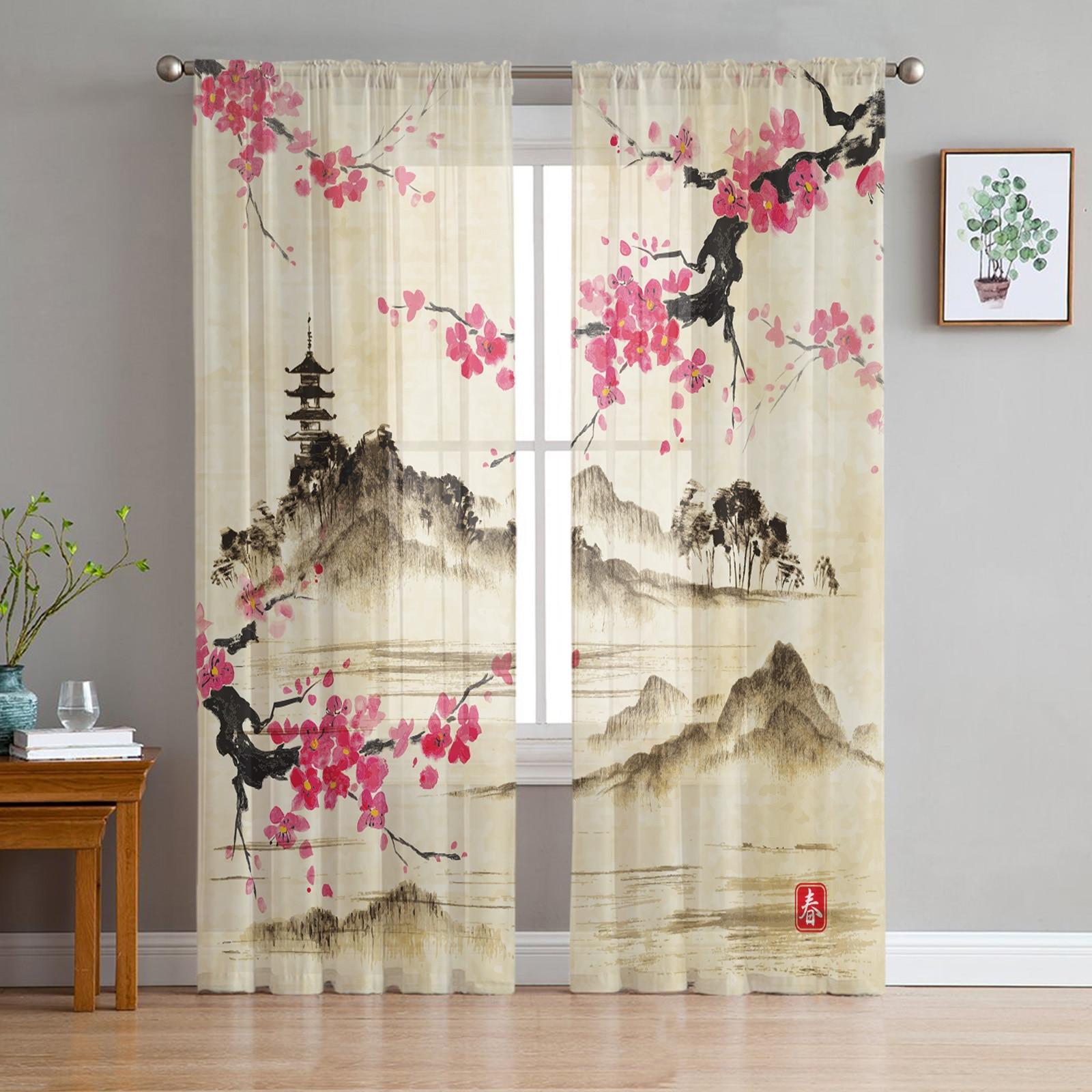 Chinese Stijl Inkt Schilderij Bloemen Landschap Transparante Gordijnen voor Woonkamer Moderne Slaapkamer Voile Tule Gordijn Raam Gordijnen W135 x H137cm