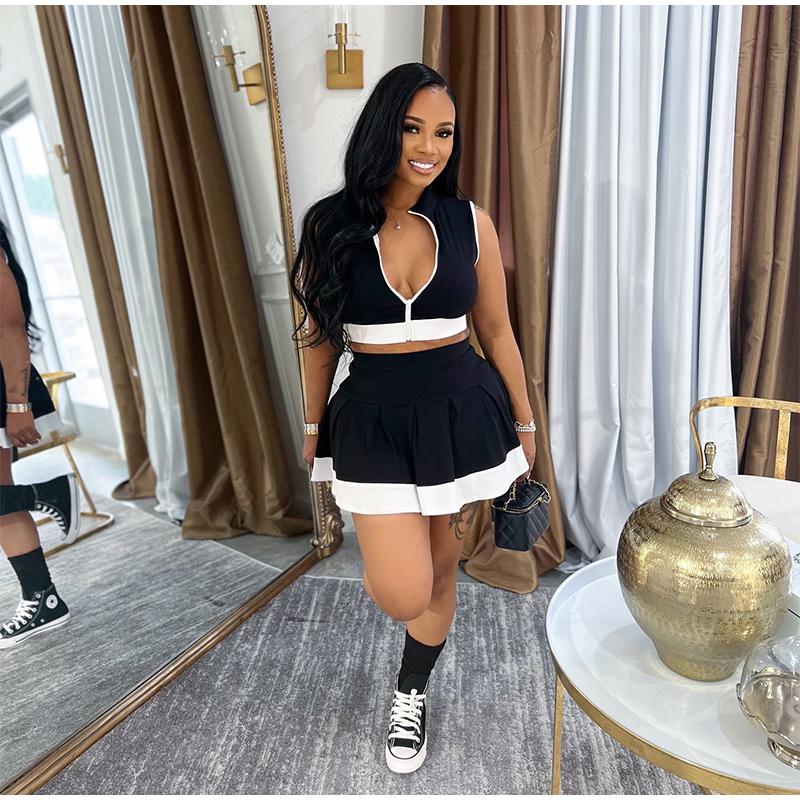 

Модная повседневная плиссированная мини-юбка с контрастной строчкой, женский летний спортивный костюм-двойка, уличный стиль XXL чёрный