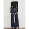 FAESSLIN Deep Blue Faux Denim Wool Wide-Leg Casual Pants