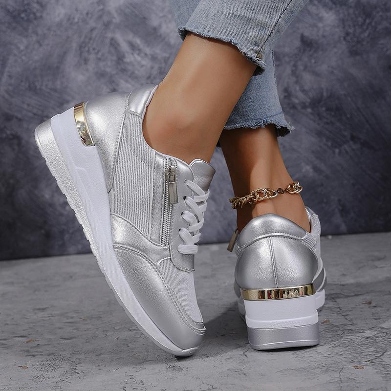 Lucyever Fashion Silber Keilabsatz Sneaker Schuhe Damen Schnürer Plateau Vulkanisierte Schuhe Frau Bequeme Dicke Sohle Sport Sneaker