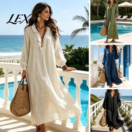 Loose Fit Midi Dresses Women Ruffle V Neck Long Dress, Casual Dress Solid Color Sleeves for Spring Autumn Soft Fabric