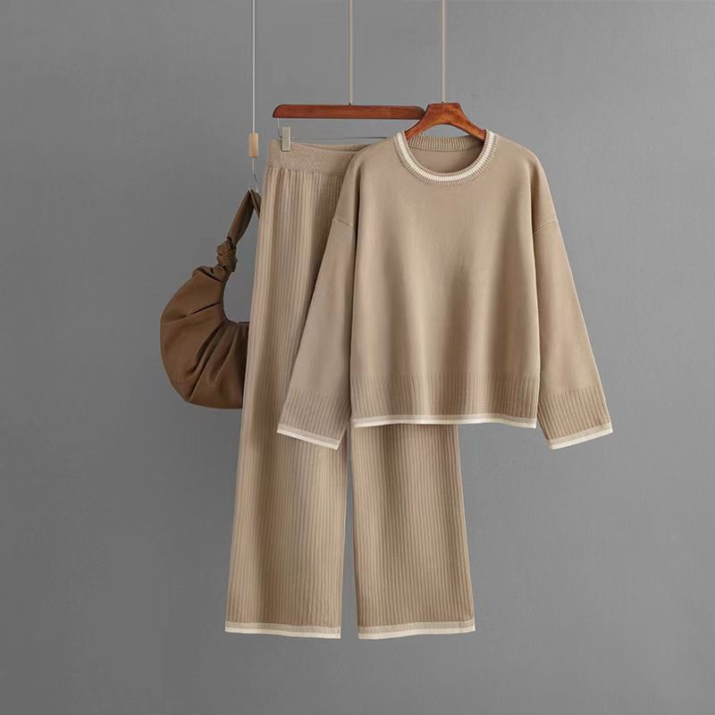 

New Arrival Contrast Color Knit Casual Long Sleeves Top and Trousers Two-Piece Suit Knitted Top and Pants Set Khaki One size