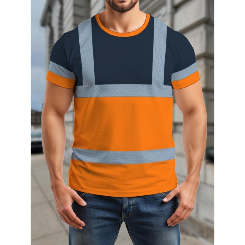 Men s 3D full body printed breathable outdoor shirt - navy blue and orange contrasting sleeves casual sports party clothing S