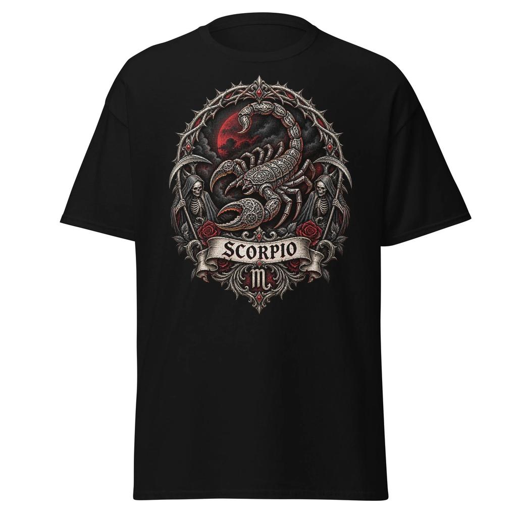 ZODIAC SCORPIO Astrology Halloween T-Shirt Gothic Art Skeletons Unisex Black Tee