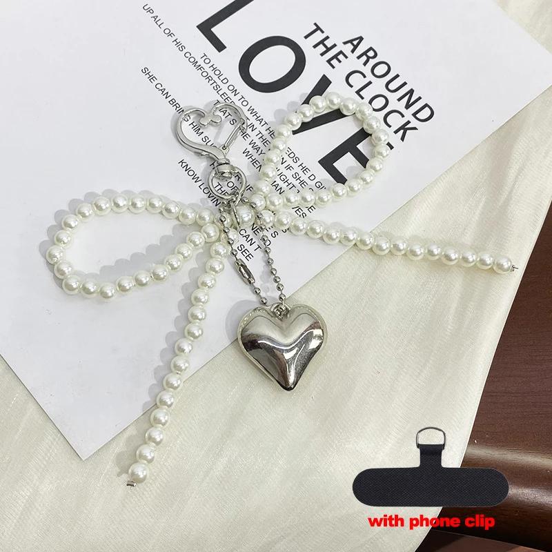 

Pearl Decoration For Bags airpods Phones Strap Lanyard Delicate Beaded Key Chain Bow Shaped Keyring Heart Keychain Ornament