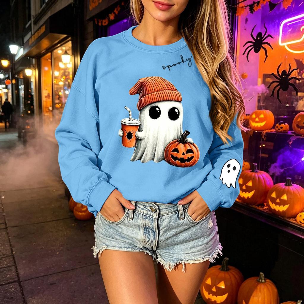 Unisex Halloween Print Long Sleeve Neck Pullover Sweatshirt, Lightweight Casual Top for Men and Women