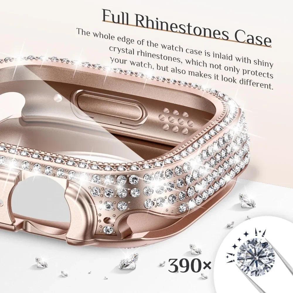 Bling Glass+Cover Case Diamond PC Bumper+Screen Protector For Apple Watch 45mm 44mm 40 41mm Iwatch Series 10 46mm 42mm 9 8 7 5 6