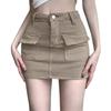 Summer Denim Skirt with Liner High Waist Button Zipper Fly Short Skirt with Fly Pockets Solid Color A-Line Hip Wrapped Skirt