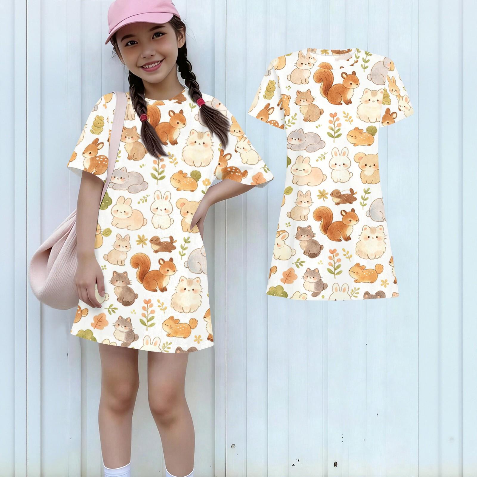 

Girls Animal Print Dress Loose Fit Short Sleeve Round Neck Lightweight Summer Dress for Kids Casual Wear 100 бежевый