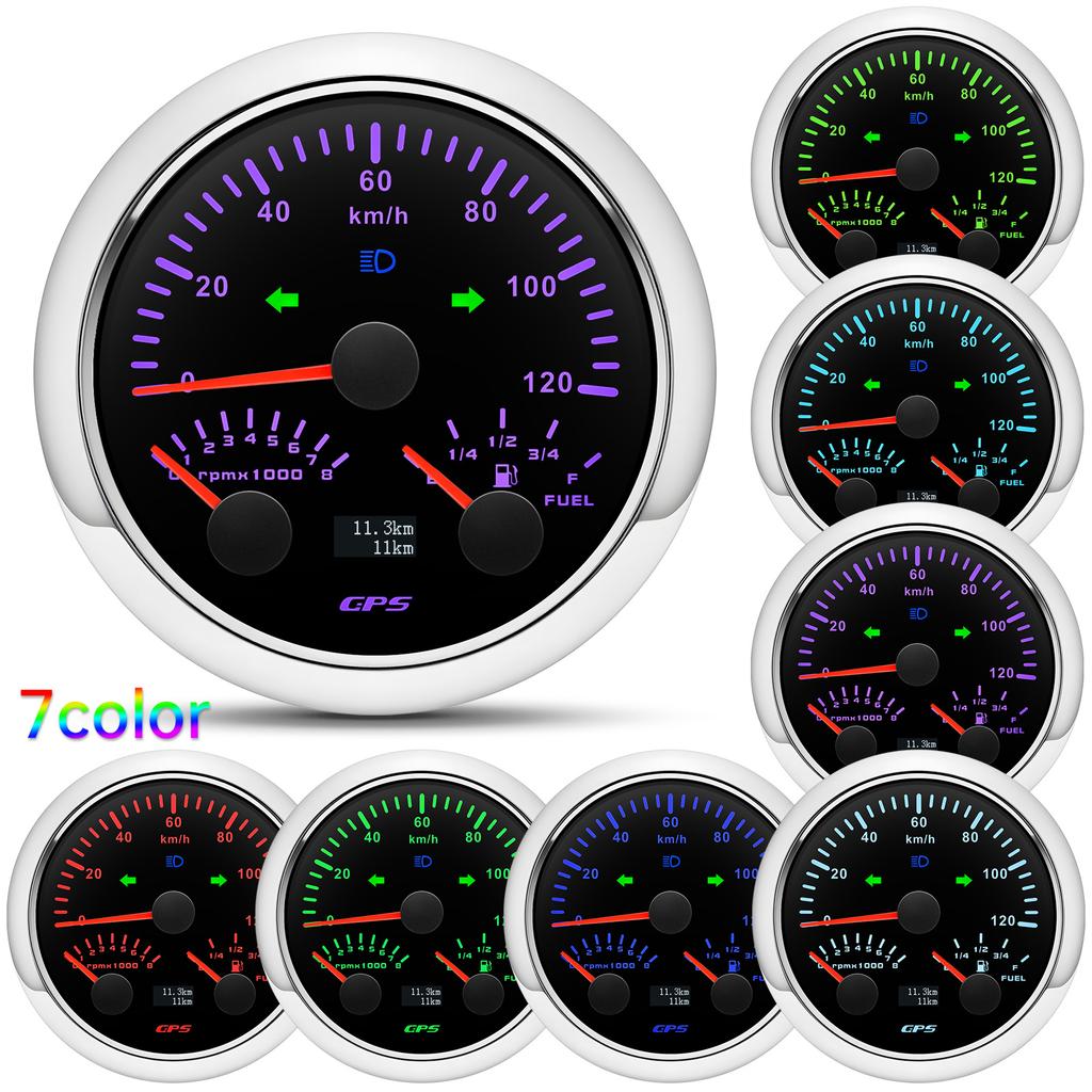 0-8000RPM Tachometer 85mm 3 in 1 Multifunctional  GPS Speedometer KMH MPH Fuel Level Meter 7 Colors Backlight 9-32V