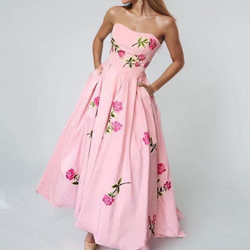 European American Women's Floral Square Neck Spring Dress with Slit