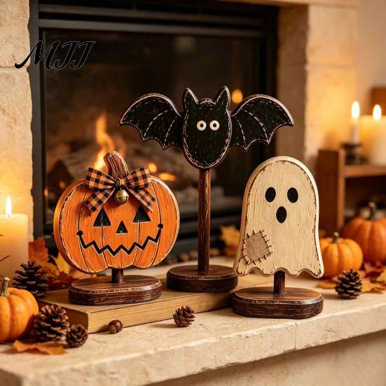 Housewarming Gifts for Home Lovers Halloween Wooden Tabletop Decor, Vintage Pumpkin Ghost Bat Figurines, Rustic Farmhouse Autumn Atmosphere