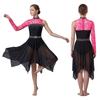 Womens Lyrical Dance Asymmetrical Bodysuit Dress Single Long Sleeve Floral Lace Patchwork Irregular Mesh Hem Built-in Briefs Rhinestones Leotard Dress