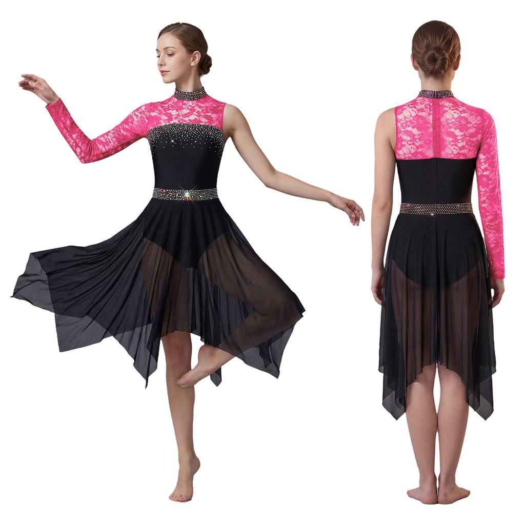 Womens Lyrical Dance Asymmetrical Bodysuit Dress Single Long Sleeve Floral Lace Patchwork Irregular Mesh Hem Built-in Briefs Rhinestones Leotard Dress